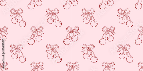 Whimsical cute cherry seamless pattern with bow and tiny heart. Perfect for Valentine designs, sweet packaging and feminine stationery