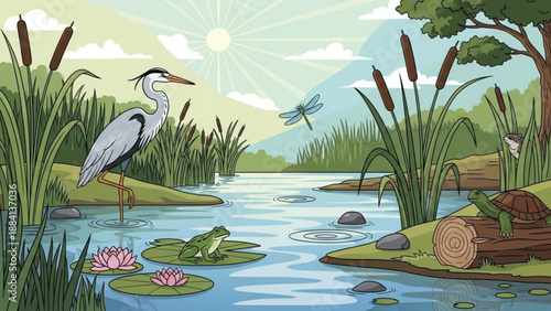 Serene wetland scene with heron frog and dragonfly in natural habitat surrounded by lush greenery and water lilies