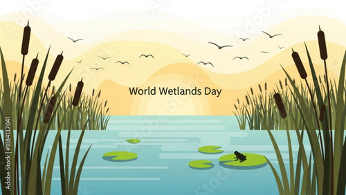 World wetlands day illustration with serene pond cattails lily pads and flying birds at sunset