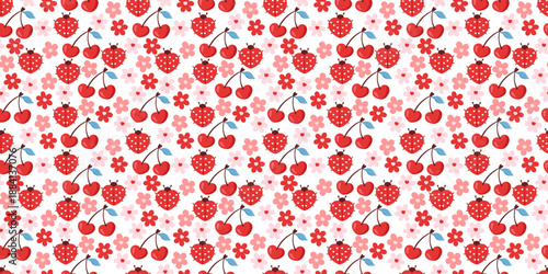 Seamless cute ladybug pattern with red beetles, cherry, flowers, and soft heart accents. Designed for baby fabrics, spring pajamas, and sweet Valentine or birthday prints