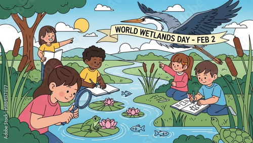 Children celebrate world wetlands day by exploring a serene natural wetland ecosystem with a bird