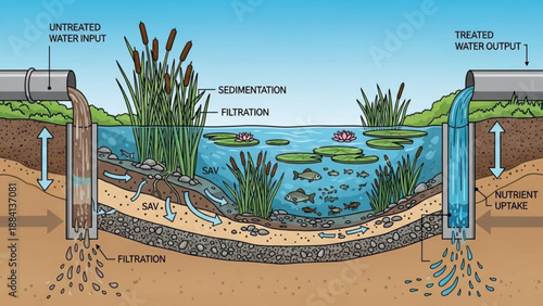 Constructed wetland ecosystem for water treatment and filtration process with plants and fish