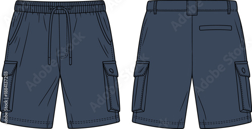 Cargo shorts vector mockup front and back view, men fashion technical drawing, utility pocket shorts design, apparel clothing template