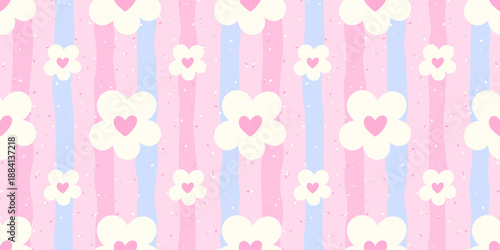 Seamless daisy pattern with white chamomile flowers and soft pink gingham. Designed for spring fabrics, baby wallpaper, and sweet Valentine or Easter prints