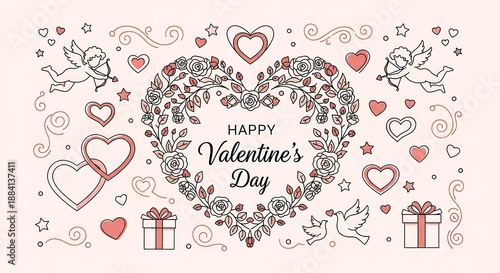 Happy Valentine's Day illustration with a heart-shaped floral wreath, cupids, doves, gifts, and swirling decorative elements.