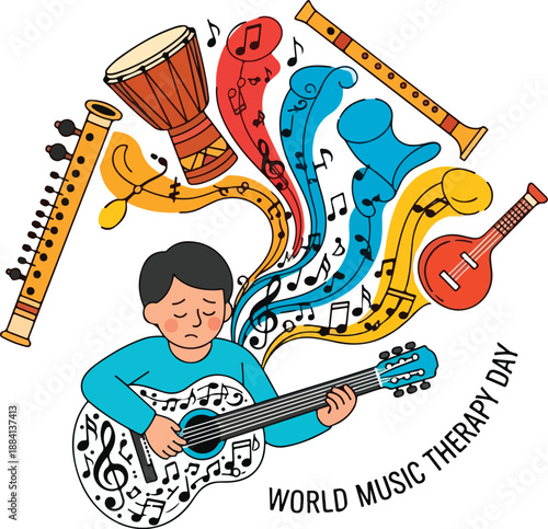 World Music Therapy Day Child Playing Guitar Illustration