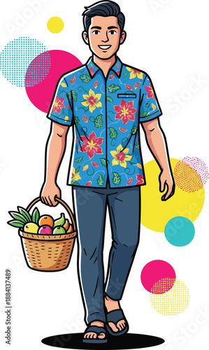 Indonesian young man vector illustration wearing modern blue floral batik shirt and carrying a fruit basket for Southeast Asian cultural lifestyle and contemporary fashion icon design