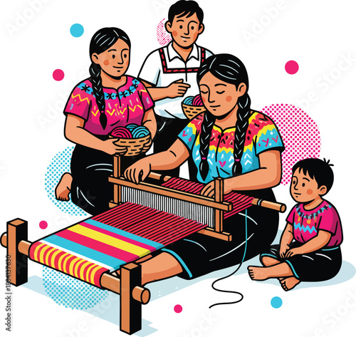 Pueblos indigenas Mexican culture vector illustration of an indigenous family weaving traditional textiles with a backstrap loom for community heritage and artisan craft education icon design