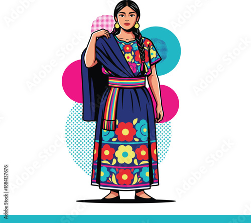 Native Mexican woman wearing traditional floral clothing with a rebozo shawl and huipil dress for cultural heritage celebration and indigenous Latin American fashion vector illustration