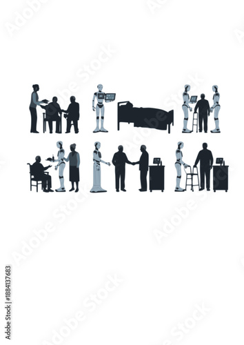 Robot Caregiver Silhouette, Humanoid AI Assistant for Elderly Care, Future Healthcare and Robotic Home Nursing Concept Vector Design