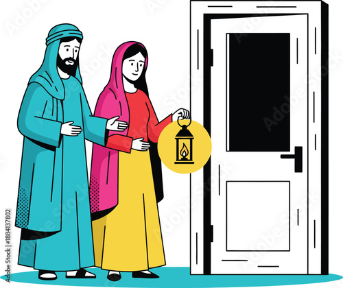 Mary and Joseph Posada scene illustration featuring the holy couple with a lantern at a door for Mexican Christmas tradition religious pilgrimage celebration and nativity story vector icon