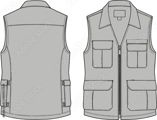 Utility vest, technical flat, design front, back view, fashion apparel, illustration sleeveless jacket, garment mockup, workwear outdoor clothing, vector template