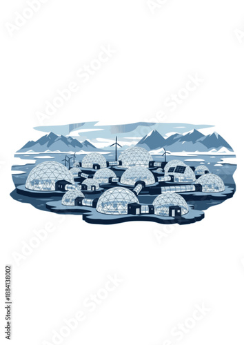 Arctic Biodome City Silhouette, Sustainable Future Habitat in Cold Climate, Geodesic Dome Architecture and Climate Adaptation Vector