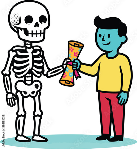 Calaverita literaria vector illustration featuring a skeleton giving a floral scroll to a young man for Day of the Dead celebration Mexican culture tradition and literary poem exchange icon