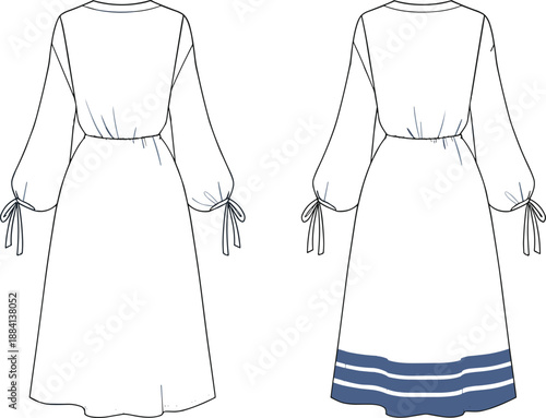 Women long dress technical flat sketch, fashion design template, puff sleeve midi gown, sewing pattern illustration, vector apparel drawing