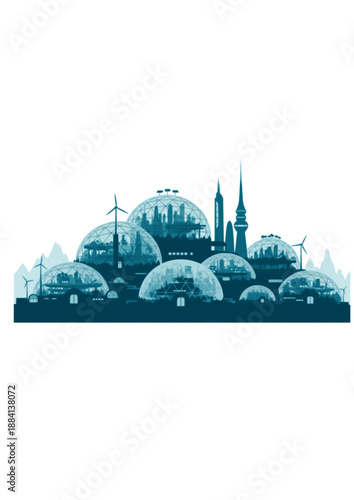 Arctic Biodome City Silhouette, Sustainable Future Habitat in Cold Climate, Geodesic Dome Architecture and Climate Adaptation Vector