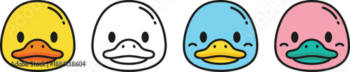 Cute duck face icon set in different colors for kids sticker emoji and playful cartoon design