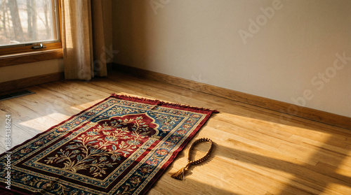 A beautifully embroidered prayer mat (Sajadah) laid out on a light-colored hardwood floor