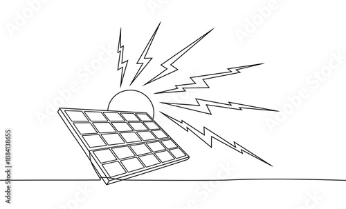 Solar panel generating green energy from sun with lightning bolts black line art drawing outline