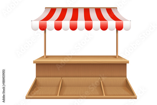 Empty wooden market stall with red striped awning for grocery or carnival retail, classic style isolated on transparent background, png