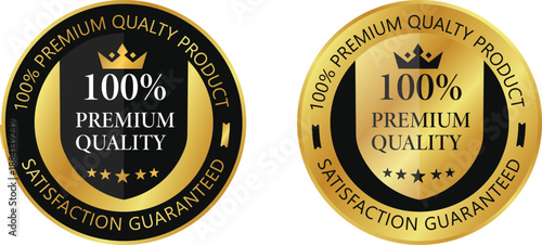 100% satisfaction guaranteed, premium quality. Black and gold vector circle isolated on white with stars and crown. For icons, logos, labels, seals, tags, signs, symbols, badges, stamps, and stickers.