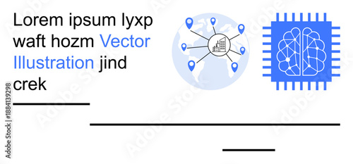 Technology, artificial intelligence, data sharing, global communication, innovation, machine learning. A map with network points and a brain-shaped chip. Technology and artificial intelligence