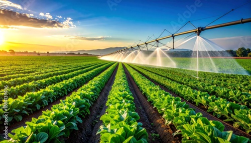 A modern irrigation system waters a lush green vegetable crop row under a clear blue summer sky in the rural agriculture landscape of a productive farm