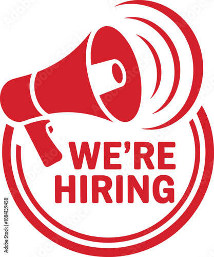 We’re hiring megaphone badge, circular recruitment announcement icon for job openings and career advertising, vector illustration