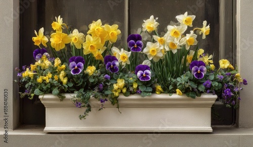 Colorful spring floral window box filled with daffodils and pansies