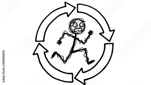 Stick figure running in a continuous loop with arrows around  