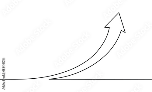 Black line drawing smoothly curving into an upward pointing arrow graphic showing growth and progress