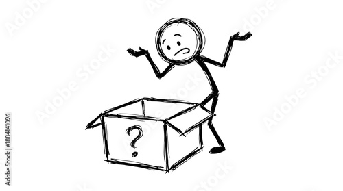 Stick figure looking confused with empty box and question mark  