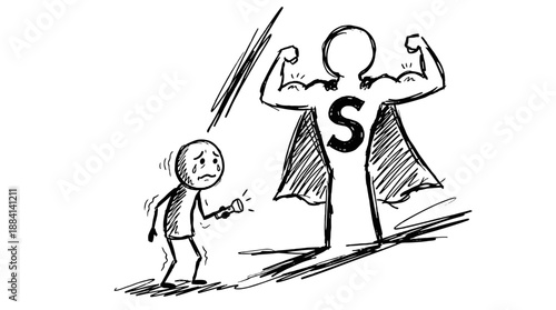 Shadow of a superhero representing potential with a scared figure  
