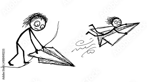 Child launching paper airplane while smiling in hand-drawn style  