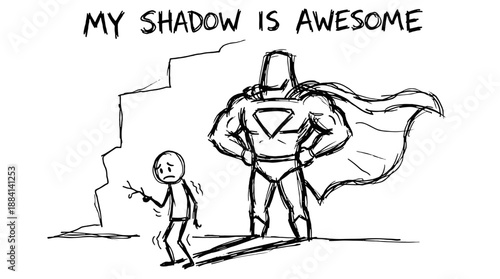 Cartoon character admiring shadow of superhero on wall  