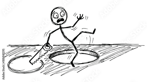 Stick figure falling into a hole while holding a saw  