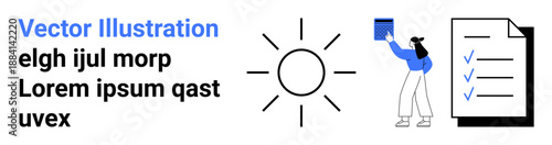 Business organization, productivity, task management, goal planning, record keeping, process flow. Sun icon, woman holding a folder document with checklist. Productivity and task management concept