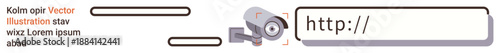 Data privacy, online security, surveillance concerns, internet safety, monitoring, digital communications. Surveillance camera pointing to a URL field. s data privacy and online security