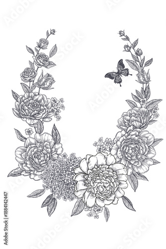 Peonies and and butterfly. Floral garland. Flower border. Vintage graphic card. Vector.