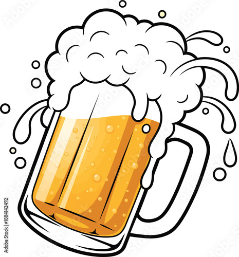 Cartoon beer mug overflowing with foamy beer, splashing