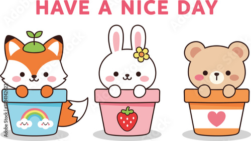 Cuadro en lienzo Have a Nice Day Cute Animal Characters in Flower Pots Vector Illustration with F