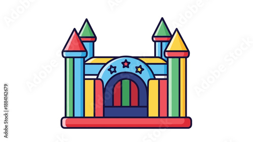 Colorful inflatable castle illustration with stars and stripes design