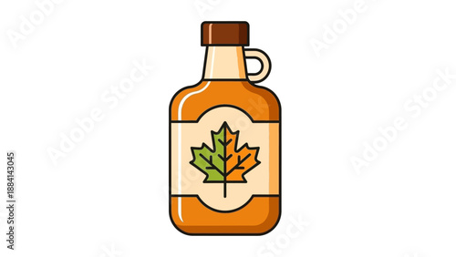 Maple syrup bottle with leaf design on white background