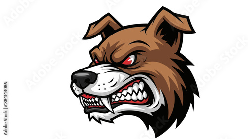 Aggressive cartoon dog head with sharp teeth and intense expression