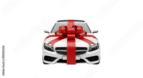 White car with a big red ribbon bow on transparent background