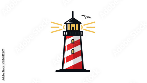 Vector illustration of a lighthouse with red stripes and seagull