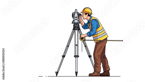 Surveyor using theodolite for land measurement in construction site