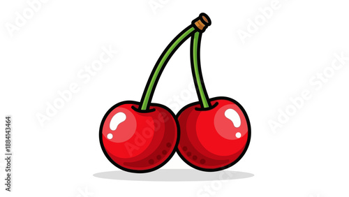 Cartoon style illustration of two red cherries with green stems