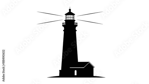 Silhouette of a lighthouse with beams of light in black and white