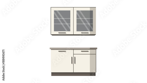 Minimalist kitchen cabinet set with glass doors and handles on white background